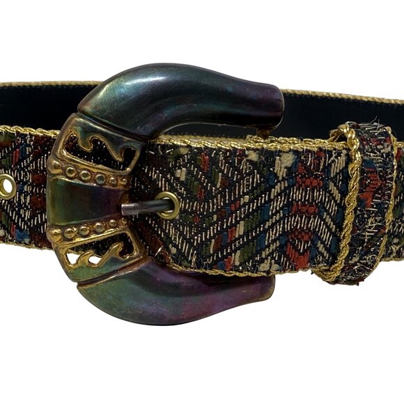 Capezio Womens Vtg Tapestry Belt Metallic Gold Geometric Patina Metal Buckle M/L - Picture 3 of 7